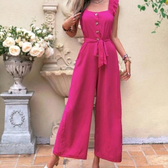 . Pants - Ruffle Trim Belted Wide Leg Jumpsuit PINK